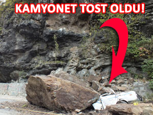 KAYA PARÇASI KAMYONETİ TOST ETTİ!