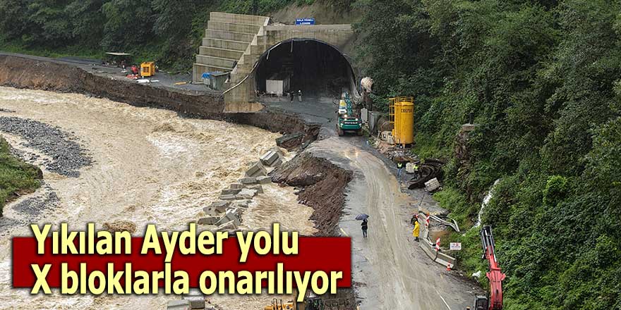 Heyelanla yıkılan Ayder yolu X bloklarla onarılıyor