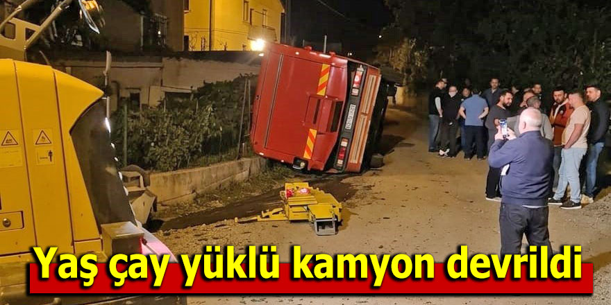 Yaş çay yüklü kamyon devrildi