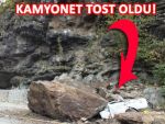 KAYA PARÇASI KAMYONETİ TOST ETTİ!