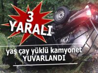 ÇAY YÜKLÜ KAMYONET ŞARAMPOLE YUVARLANDI: 3 YARALI