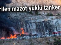 Devrilen mazot yüklü tanker yandı