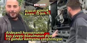 Ardeşenli hayvansever, kuş yuvası bozulmasın diye kamyonu çalıştırmıyor