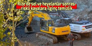 Rize'de sel ve heyelanlar sonrası riskli kayalara ilginç temizlik