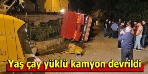 Yaş çay yüklü kamyon devrildi